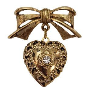1928 Brand Gold Tone Bow And Heart Dangle Locket Brooch Pin K858